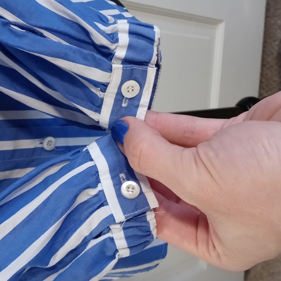 💙J. Crew💙 - Blue/White Stripe L/S Button Down w/Ruffle Detail - Picture 5 of 10